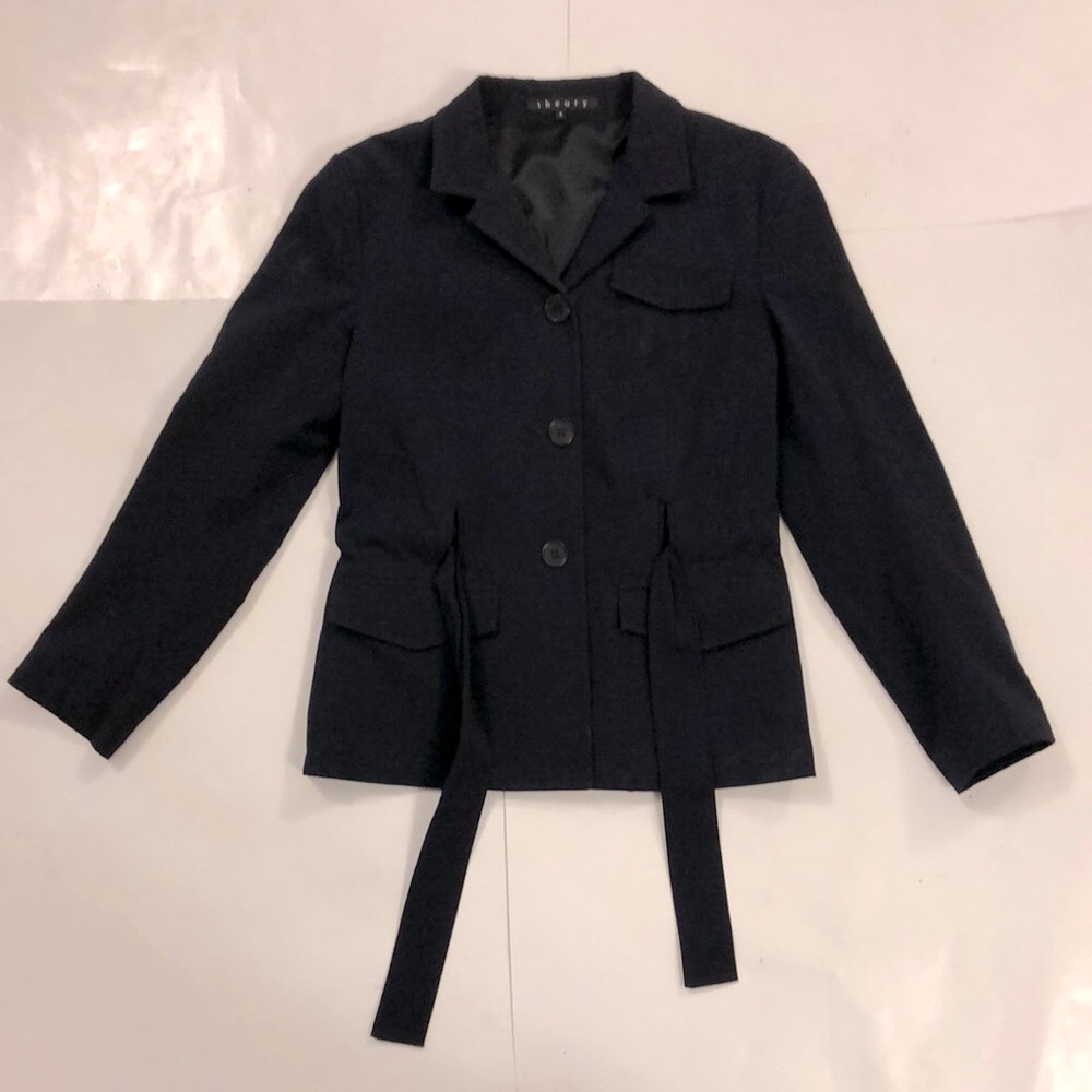 Theory 4 Jacket Blazer Dark Blue Button 3 Pocket Adjustable Removable Waist Tie